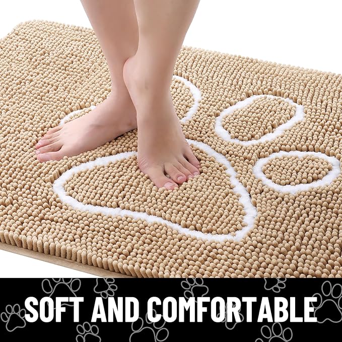 Smiry Dog Door Mat for Muddy Paws, Absorbent Dirt Trapper Non Slip Quick Dry Washable Chenille Mat for Mud Dogs, Entry Rug for Indoor and Outdoor (36x24 Inches, Beige and White)