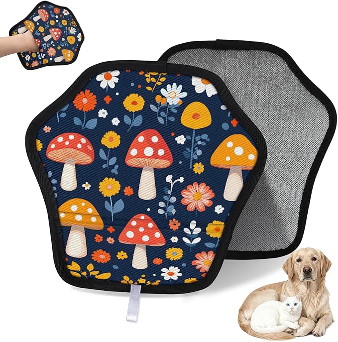 Reusable Pet Hair Removal Glove Cute Mushrooms Flowers Magic Brush for Cat & Dog Hair Remover for Car, Sofa, Bedding, Clothes - 9x9 Mitt Washable