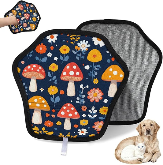 Reusable Pet Hair Removal Glove Cute Mushrooms Flowers Magic Brush for Cat & Dog Hair Remover for Car, Sofa, Bedding, Clothes - 9x9 Mitt Washable