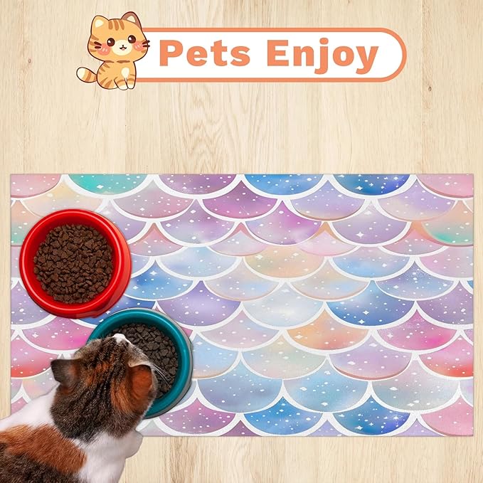Mermaid Scale Dog Food Mat for Floors Absorbent Dog Bowl Mat for Food and Water Dispenser Quick Dry Cat Food Placemat Pet Supplies 17" x 30", Pink Purple Glitter