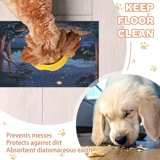 Mountain Forest Dog Food Mat for Floors Absorbent, Quick Dry Water Dispenser Mat for Food, Water, Pet Supplies 17" x 30", Moon Star Clouds