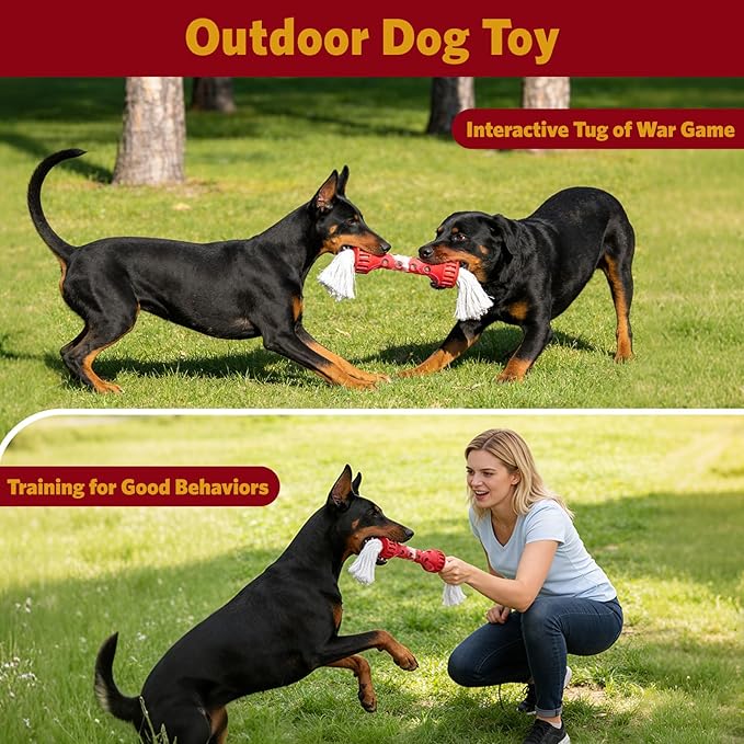 Interactive Dog Toy, Durable Teeth Cleaning Chew Toy, Outdoor Fetch and Retrieve Dog Toy, Natural Rubber Bone with Cotton Tassels for Medium and Large Dogs, Cream Scented, Red/White
