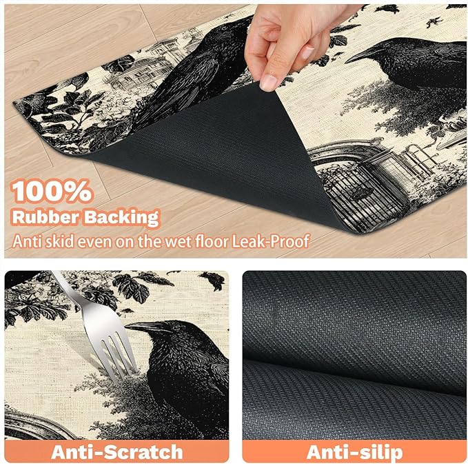 Halloween Crow Dog Food Mat for Floors Absorbent, Quick Dry Water Dispenser Mat for Food, Water, Pet Supplies 24" x 32", Skull