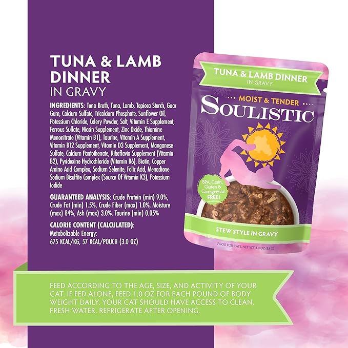 Soulistic Moist and Tender, Tuna and Lamb Dinner in Gravy, 3oz Pouch, Pack of 8