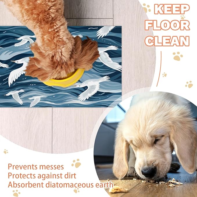 Seagull Ocean Dog Food Mat for Floors Absorbent, Quick Dry Water Dispenser Mat for Food, Water, Pet Supplies 17" x 30", Blue Beach