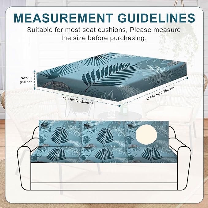 HANDONTIME 8Pcs Outdoor Patio Cushion Covers Palm Leaves Stretch Couch Cushion Cover Patio Couch Slipcover for Outdoor/Indoor Washable Non-Slip Furniture Protector for Pets (Dusty Teal,Cover Only)