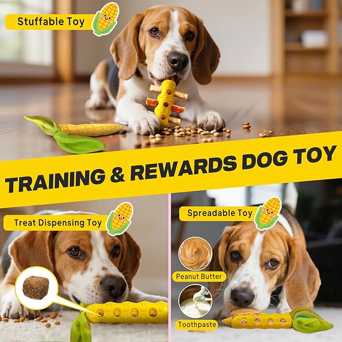 Fida 2-in-1 Puppy Teething Toys, Natural Rubber Chew Toys for Dogs to Keep Them Busy & Plush Toys with Crinkle Leaves, Interactive Dog Toys for Small Medium Breeds and Puppies (Corn)