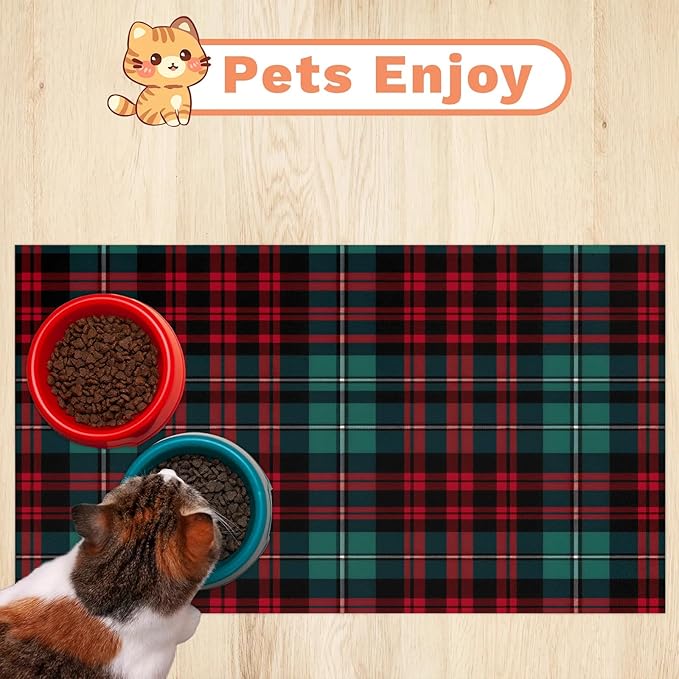 Christmas Plaid Dog Food Mat for Floors Absorbent, Quick Dry Water Dispenser Mat for Food, Water, Pet Supplies 17" x 30", Red Green Check