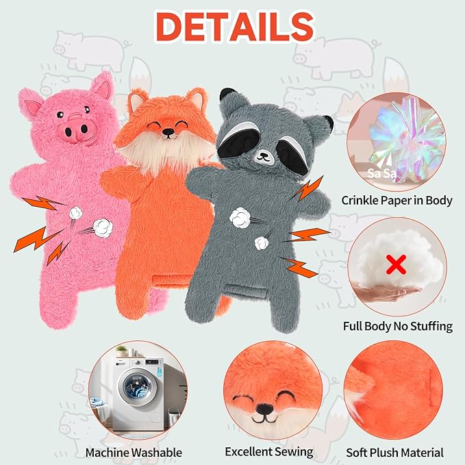Mihachi No Stuffing Crinkle Dog Toys,2-in-1 Holds Water Bottles-Cruncher with Puncture Resistant Squeaker,3 Pcs Dog Squeak Toys Plush Dogs Chew Toy for Small Medium Large Breed Chewer,Fox&Raccoon&Pig