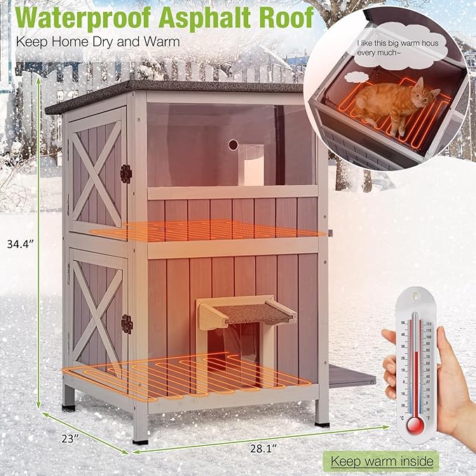 Gutinneen Heated Outdoor Cat House with Heating Pad & Insulated Liner Feral Kitty Shelter Ourdoor & Indoor Cat Cage with Waterproof Roof, 2 Large Side Doors
