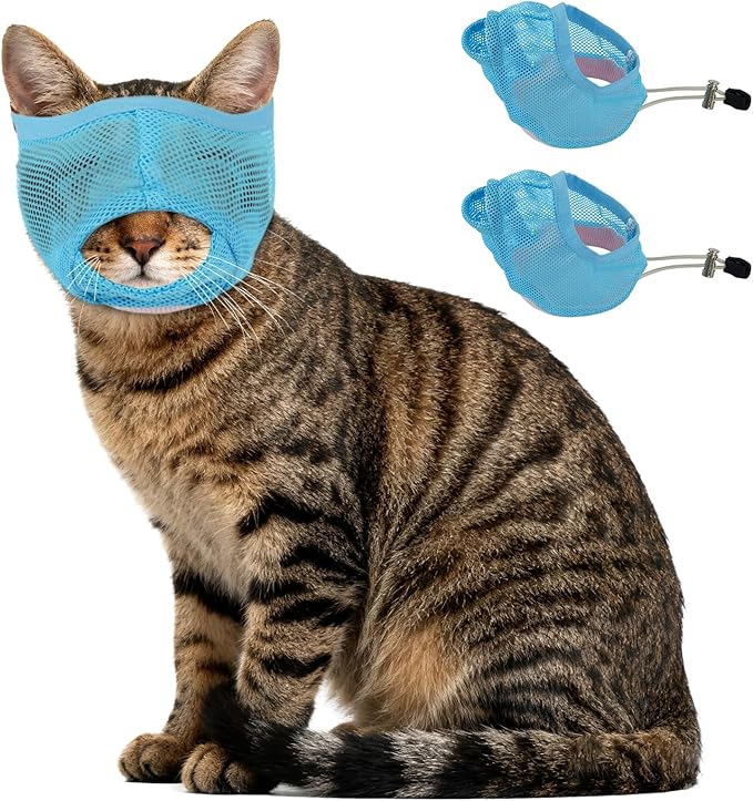 2 Pieces Soft Cat Muzzles for Grooming, Brearhable Mesh Cat Muzzle Anti Biting Chewing Anti Bite, Anti Meow, Nail Trimming & Bathing - Adjustable Pet Grooming Muzzle