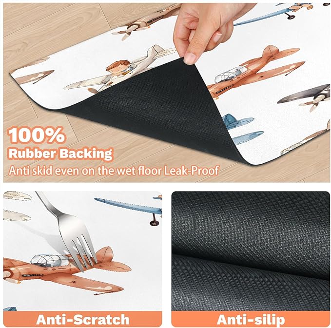 Cartoon Airplane Dog Food Mat for Floors Absorbent, Quick Dry Water Dispenser Mat for Food, Water, Pet Supplies 17" x 30", Colorful Plane