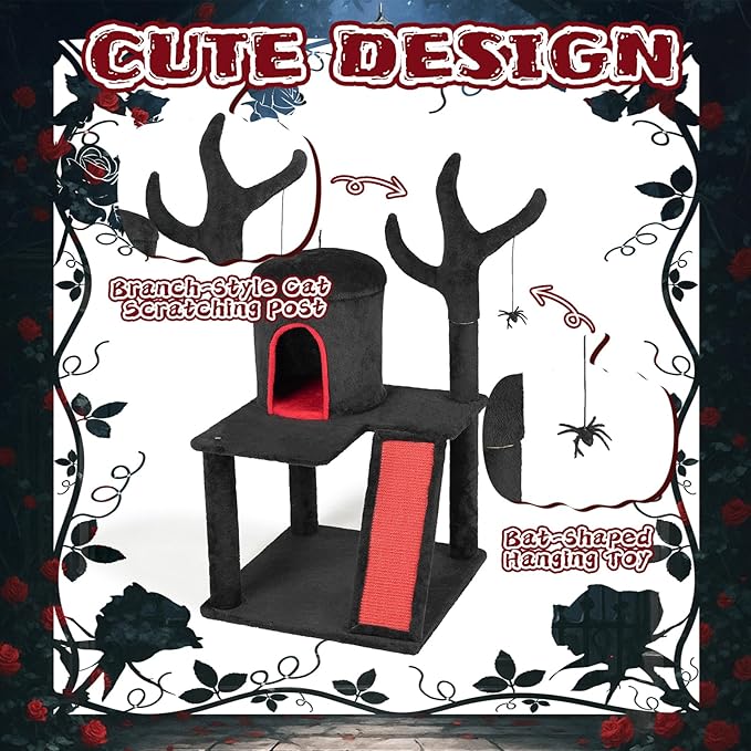 42" Gothic Cat Tree, Halloween Cat Tower Cat Tree with Spacious Cat Condo, Brach Shaped Scratching Post, Scratching Ladder, Spider Toy for Indoor Cats(54 * 54 * 106CM)