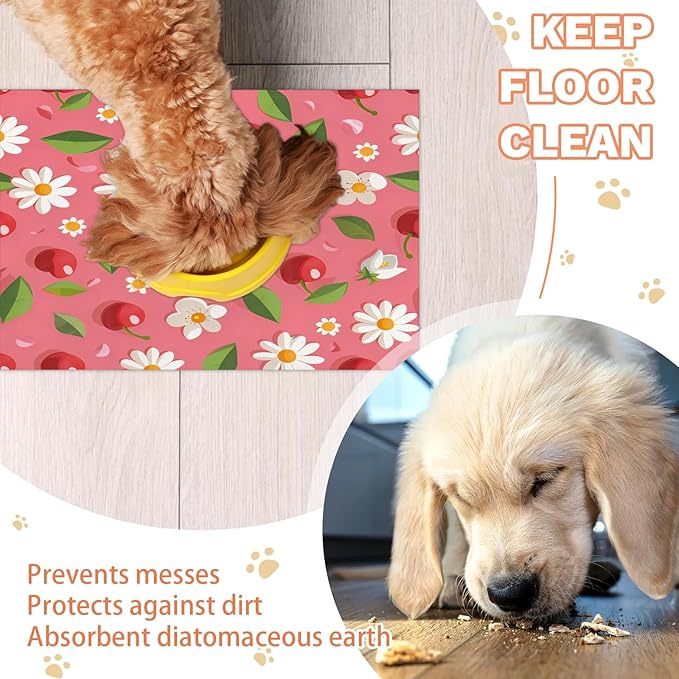 Cute Fruit Dog Food Mat for Floors Absorbent Dog Bowl Mat for Food and Water Dispenser Quick Dry Cat Food Placemat Pet Supplies 12" x 20", Daisy Cherry