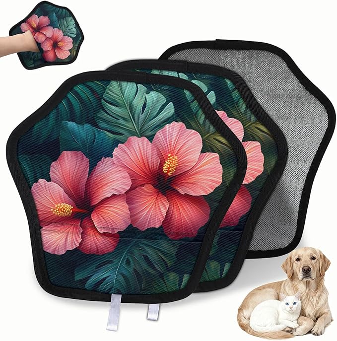 Flowers Leaves Tropical Electrostatic Pet Hair Removal Glove for Cats & Dogs - Reusable Grooming Mitt for Couch, Carpet, Car Seat & Laundry - Large 9x9 Inch