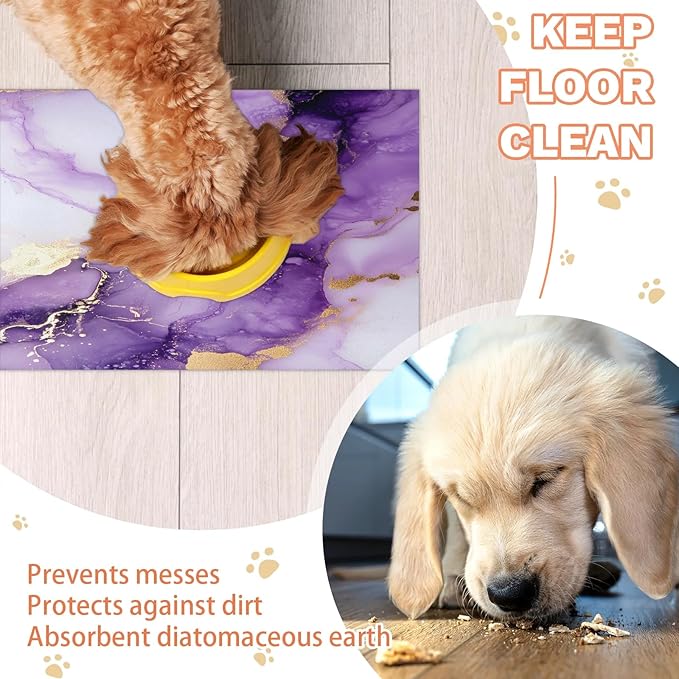 Marble Dog Food Mat for Floors Absorbent, Quick Dry Water Dispenser Mat for Food, Water, Pet Supplies 16" x 24", Purple Gold Abstract
