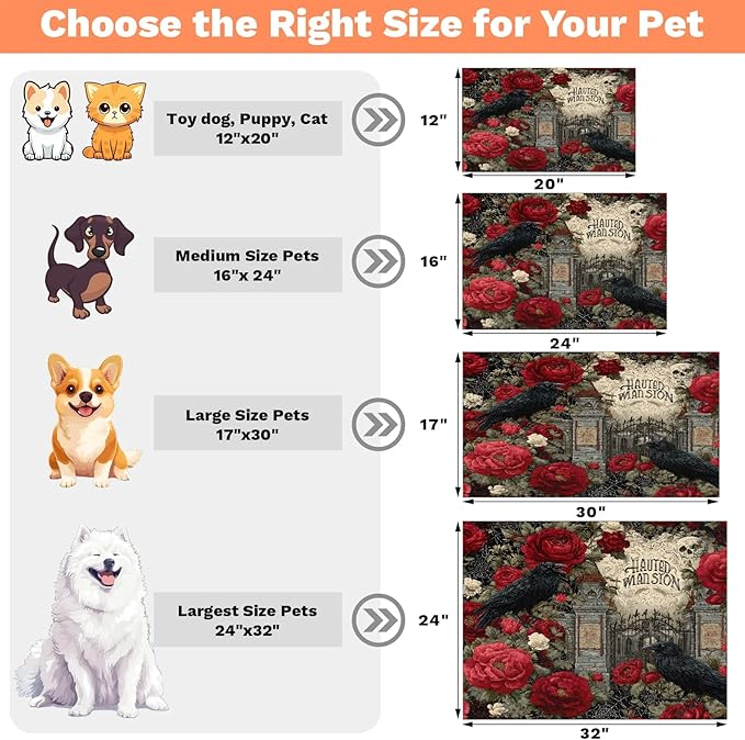 Halloween Crow Dog Food Mat for Floors Absorbent, Quick Dry Water Dispenser Mat for Food, Water, Pet Supplies 16" x 24", Flower