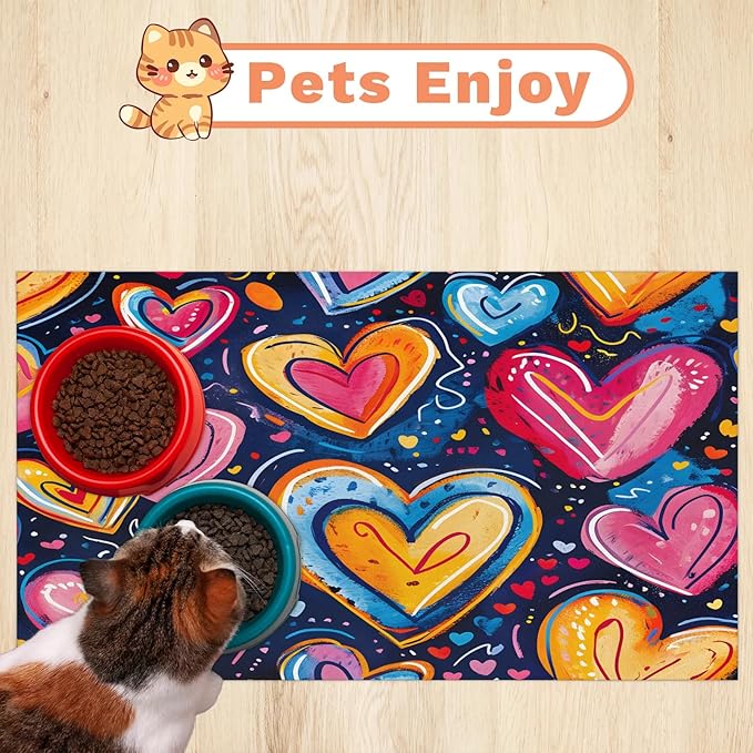 Heart Dog Food Mat for Floors Absorbent, Quick Dry Water Dispenser Mat for Food, Water, Pet Supplies 16" x 24", Love Theme