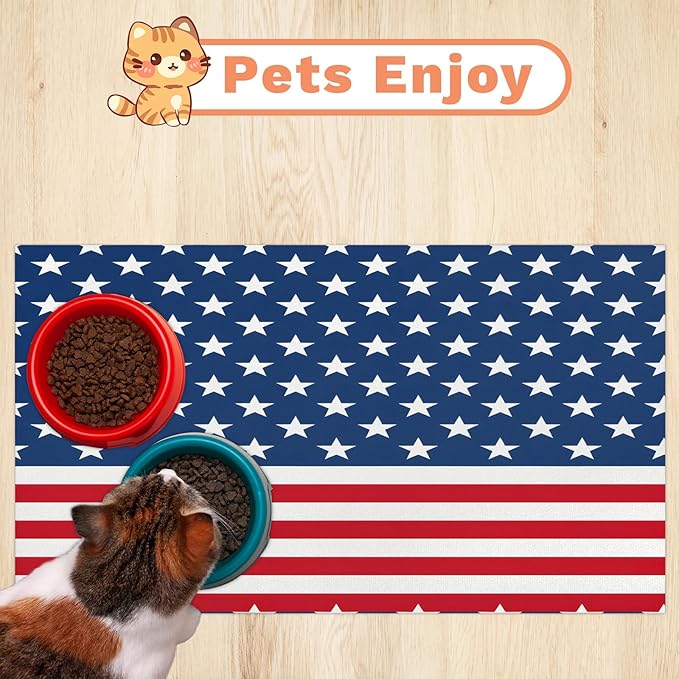 4th of July Dog Food Mat for Floors Absorbent Dog Bowl Mat for Food and Water Dispenser Quick Dry Cat Food Placemat Pet Supplies 16" x 24", Stars Stripes
