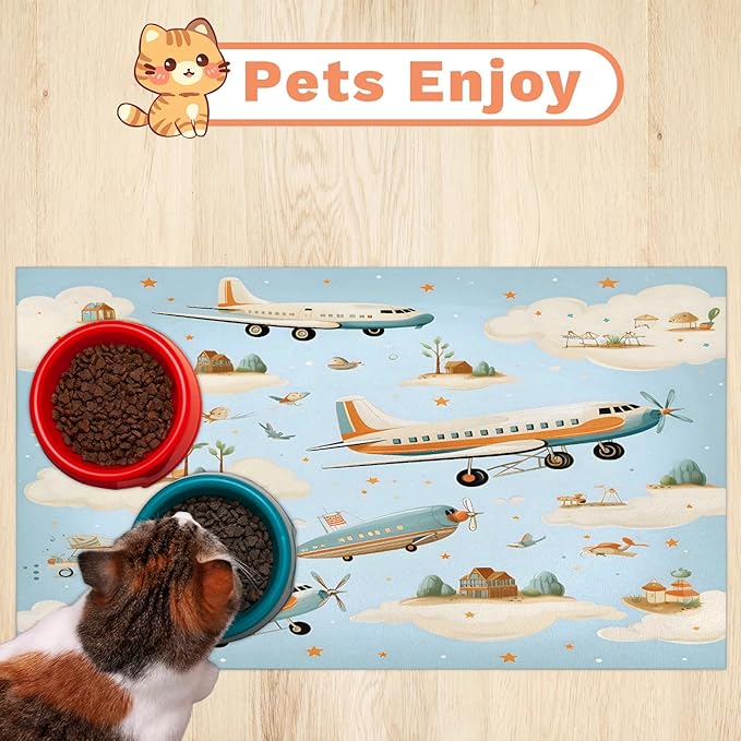 Cartoon Airplane Dog Food Mat for Floors Absorbent, Quick Dry Water Dispenser Mat for Food, Water, Pet Supplies 16" x 24", Star Clouds