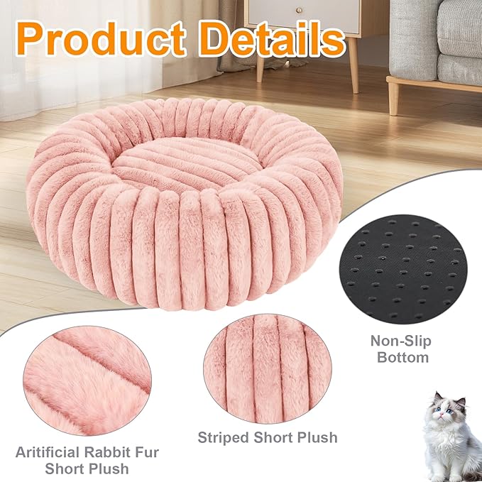 Washable Small cat Dog Bed,Calming Anti Anxiety Round Donut Dog Bed,Cute Kitten Cat Beds for Indoor Cats,Fluffy Puppy Dogs Beds for Small Dogs, Anti-Slip Comfort Pet Bed (Pink, S)