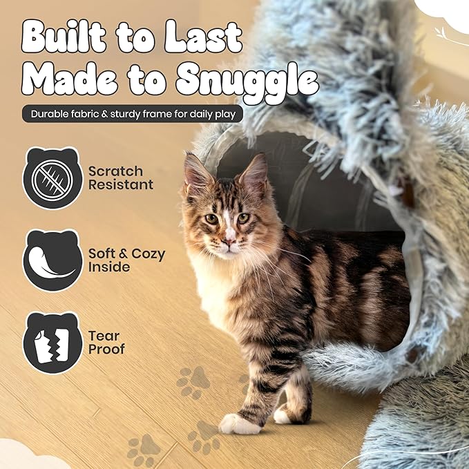 Cat Donut Tunnel Bed with 3pcs Mouse Ball Toy - Cat Tunnel for Under Christmas Tree & Cat Tunnel Bed Cave - Soft cat cave Bed – 3-in-1 Cat Tunnels for Indoor Cats, Kittens, Puppies, Rabbits (Grey)