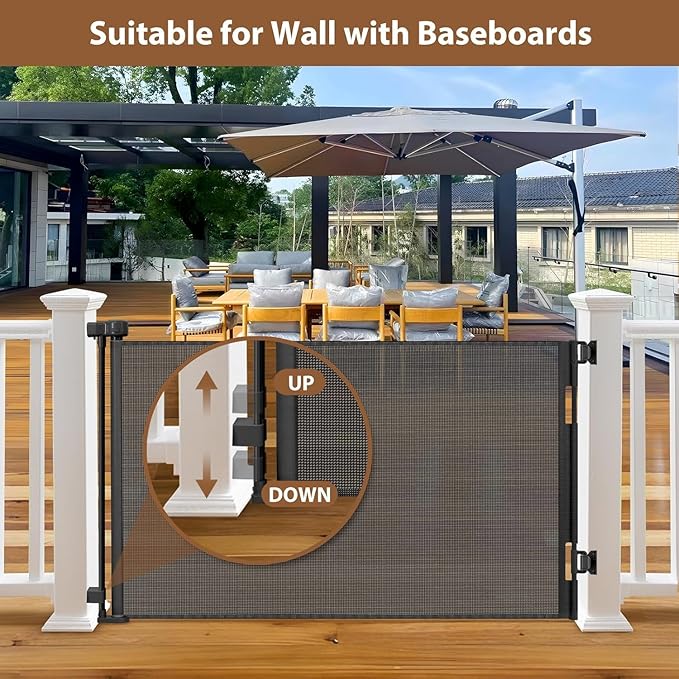 100" Wide Weatherproof Outdoor Retractable Baby Gates for Decks with No Rust Screws and Rods, Waterproof 8 Ft Extra Wide Baby Gate for Large Opening, Scratch-Resistant Mesh Retractable Dog Gate, Black