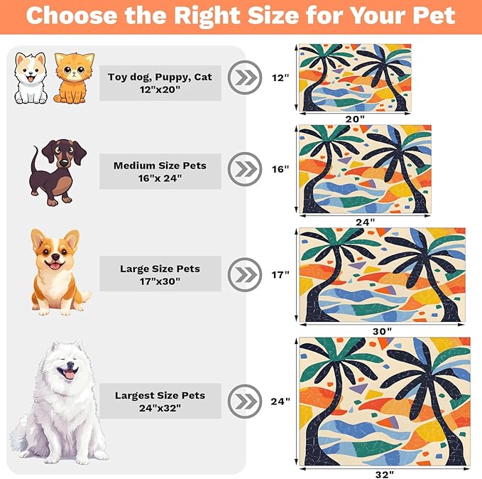 Palm Tree Dog Food Mat for Floors Absorbent, Quick Dry Water Dispenser Mat for Food, Water, Pet Supplies 17" x 30", Mid Century