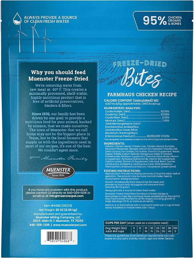 Muenster Freeze Dried Chicken Bites - Dog Food, Treat, Mixer or Topper (20oz) - Grain Free.