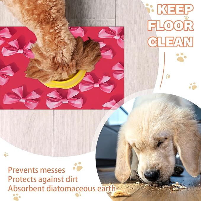Pink Christmas Bow Dog Food Mat for Floors Absorbent, Quick Dry Water Dispenser Mat for Food, Water, Pet Supplies 16" x 24",
