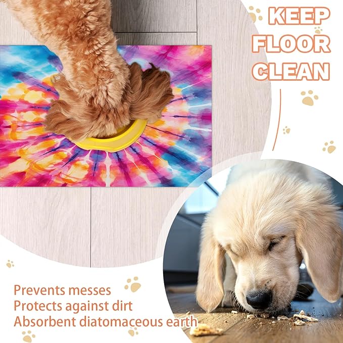 Tie Dye Dog Food Mat for Floors Absorbent, Quick Dry Water Dispenser Mat for Food, Water, Pet Supplies 16" x 24", Boho Colorful