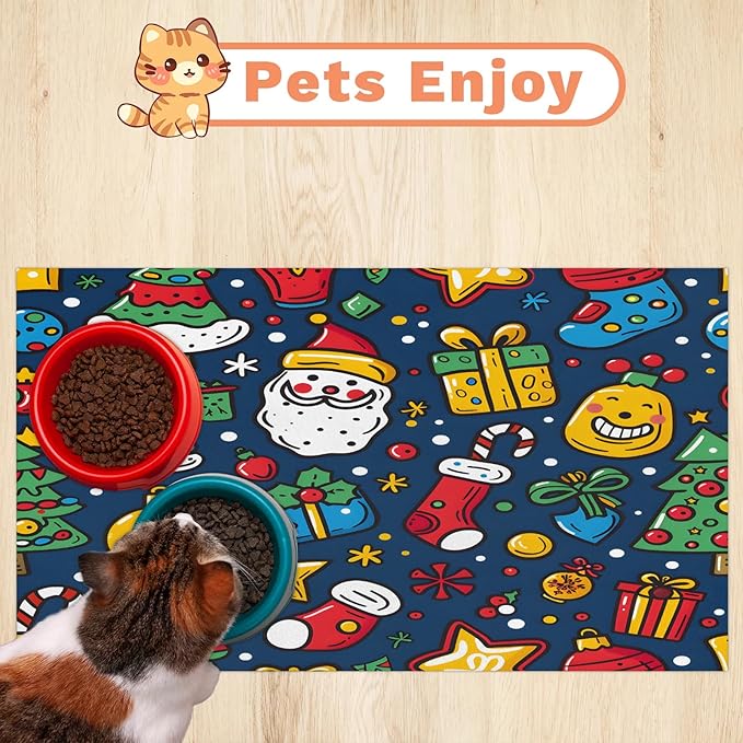 Cute Christmas Dog Food Mat for Floors Absorbent, Quick Dry Water Dispenser Mat for Food, Water, Pet Supplies 17" x 30", Tree Santa Claus