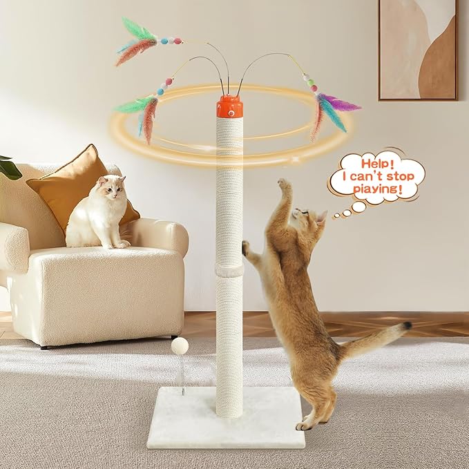 Cat Scratching Post ，41.3" Tall Automatic Teaser Wand Scratching Post with Sisal Rope，Interactive Automatic Rotating Hanging Balls Cat Toys for Indoor Cats and Adult