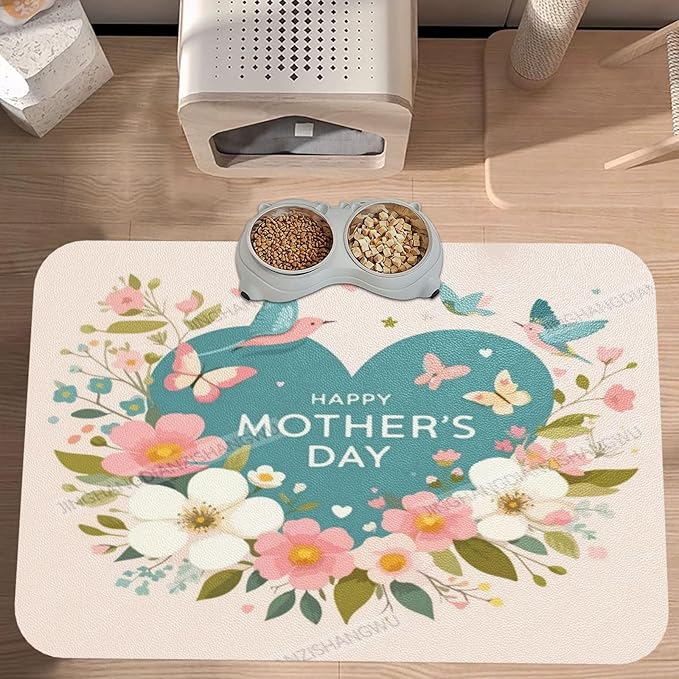 Pet Cat Dog Food Mat Absorbent Dog Feeding Mat Happy Mother's Day Floral Gift Mom Bird No Stains Cat Food Mats Indoor Pet Dogs Placemat Water Bowl Mats with Rubber Backing 18X12In