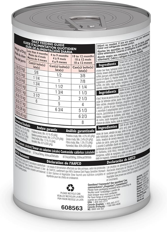 Hill's Science Diet Sensitive Stomach & Skin, Puppy, Stomach & Skin Sensitivity Support, Wet Dog Food, Salmon & Vegetable Stew, 12.5 oz Can, Case of 12