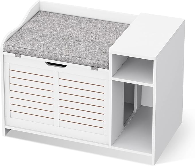 Cat Litter Box Enclosure, Litter Box Enclosure with Top Opening with Cushion, Cat Litter Box Cabinet Furniture Hidden, Litter Box Hidden, Cat House, White Medium