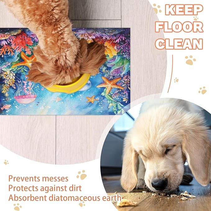 Undersea Nautical Dog Food Mat for Floors Absorbent Dog Bowl Mat for Food and Water Dispenser Quick Dry Cat Food Placemat Pet Supplies 16" x 24", Starfish Coral