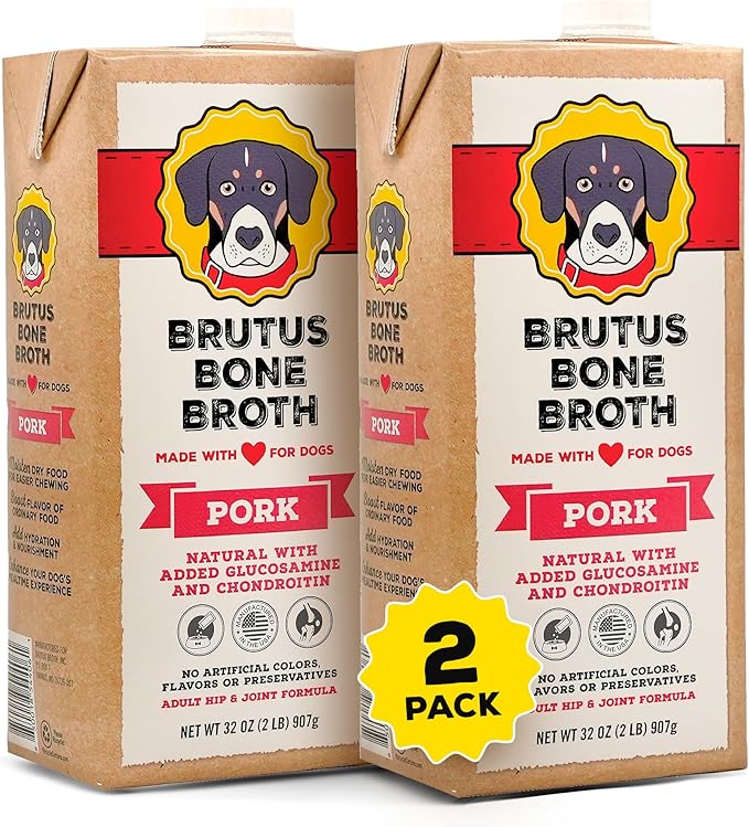 Brutus Bone Broth for Dogs | All Natural | Made in USA | Glucosamine & Chondroitin for Healthy Joints | Human Grade Ingredients | Hydrating Food Topper, Gravy & Treat (Pork, 2-Pack)