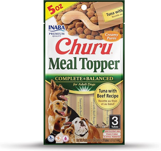 INABA Churu Meal Topper for Dogs, Complete & Balanced, Creamy, Lickable Purée Dog Food Toppers, 1.69 Ounce Tube, 3 Tubes (3 per Pack), Tuna with Beef Recipe