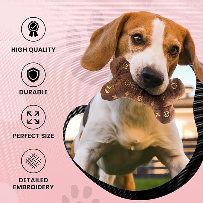 Dog Diggin Designs Chewy Vuiton Plush Dog Toy Bone | Luxury-Inspired Parody Designer Bone with Squeaker, Soft Plush Chew & Play Dog Toy – Prêt-à-Porter Play!
