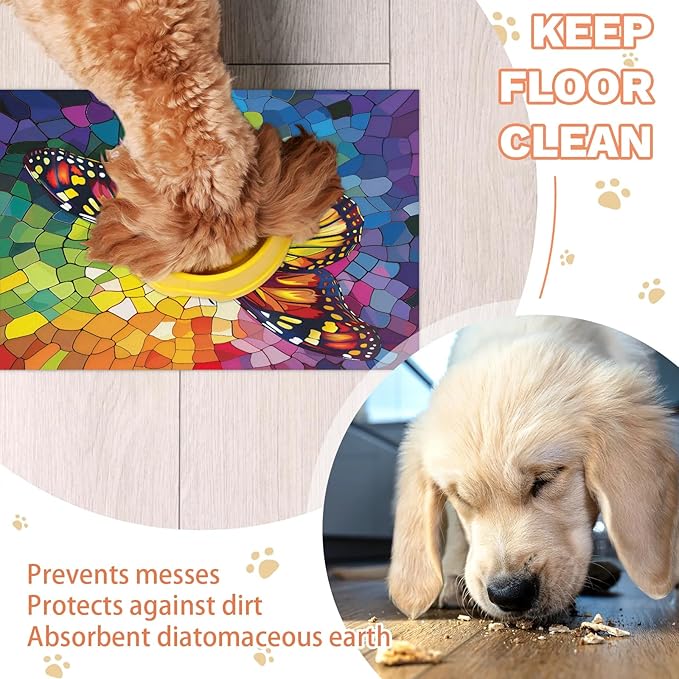 Rainbow Butterfly Dog Food Mat for Floors Absorbent, Quick Dry Water Dispenser Mat for Food, Water, Pet Supplies 12" x 20", Colorful Butterflies