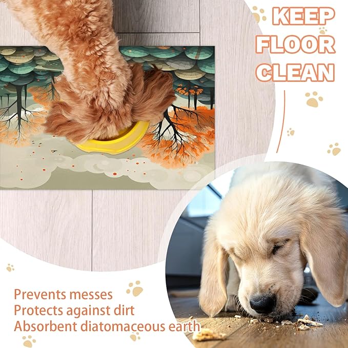 Fall Forest Dog Food Mat for Floors Absorbent, Quick Dry Water Dispenser Mat for Food, Water, Pet Supplies 16" x 24", Nature Tree Plant