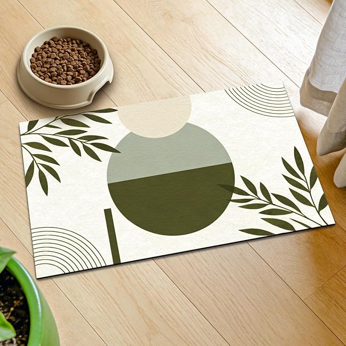 GLOBLELAND Bohemia Leaves Pet Food Mat for Floors 11.8×20 inch Dogs Food Mats Absorbent Dog Bowl Mat Quick Dry Dog Cat Pet Placemats Pets Supplies for Water Dispenser