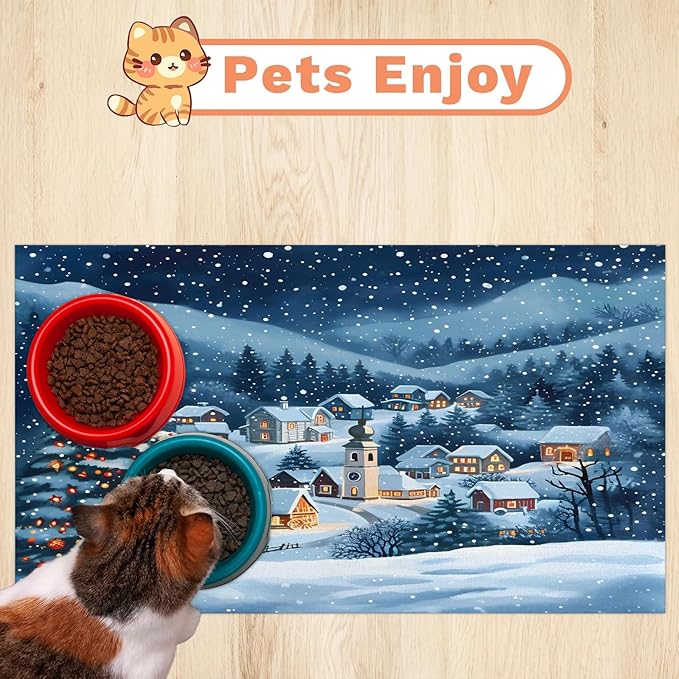 Snowy Countryside Dog Food Mat for Floors Absorbent, Quick Dry Water Dispenser Mat for Food, Water, Pet Supplies 24" x 32", Merry Christmas
