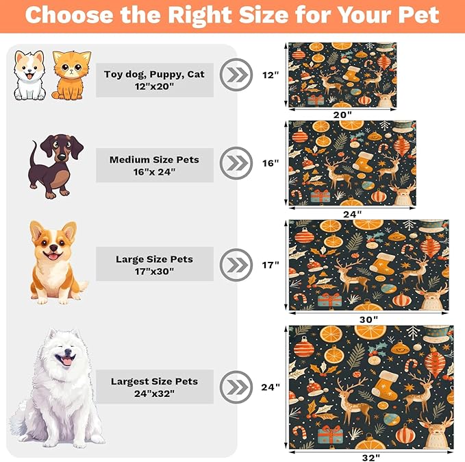Christmas Deer Dog Food Mat for Floors Absorbent, Quick Dry Water Dispenser Mat for Food, Water, Pet Supplies 17" x 30", Orange Socks Ball