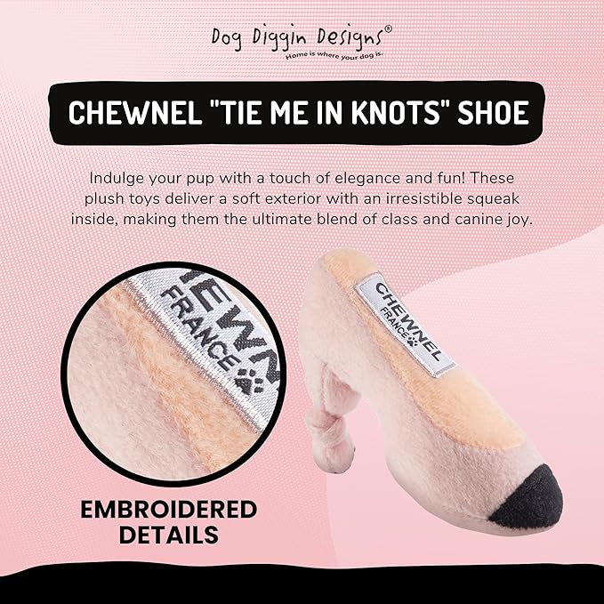 Dog Diggin Designs Chewnel “Tie Me in Knots” Shoe Plush Dog Toy | Luxury-Inspired Parody Designer Heel with Squeaker, Soft Plush Fashion Dog Toy – High Heel Essentials