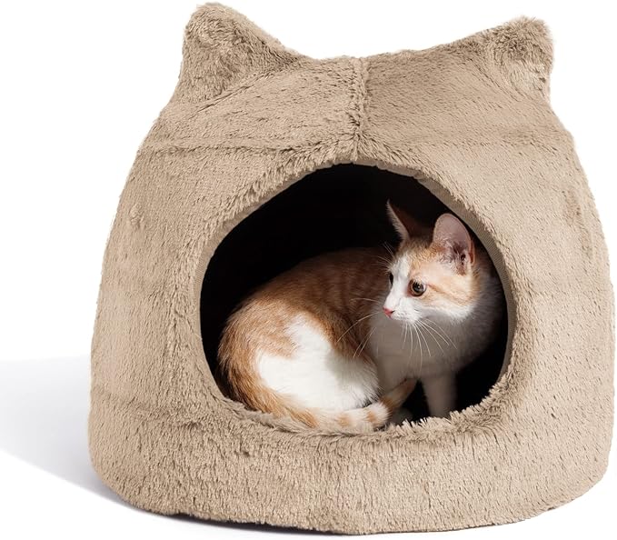 Best Friends by Sheri Meow Hut Fur Dome Pet Bed – Covered Cat Cave for Cats & Small Dogs up to 15 lbs, Faux Fur Hideaway with Water-Resistant Bottom, Machine Washable, Wheat