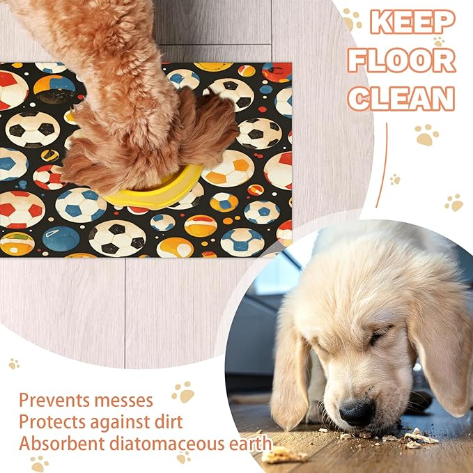 Soccer Ball Dog Food Mat for Floors Absorbent, Quick Dry Water Dispenser Mat for Food, Water, Pet Supplies 16" x 24", Colorful Football