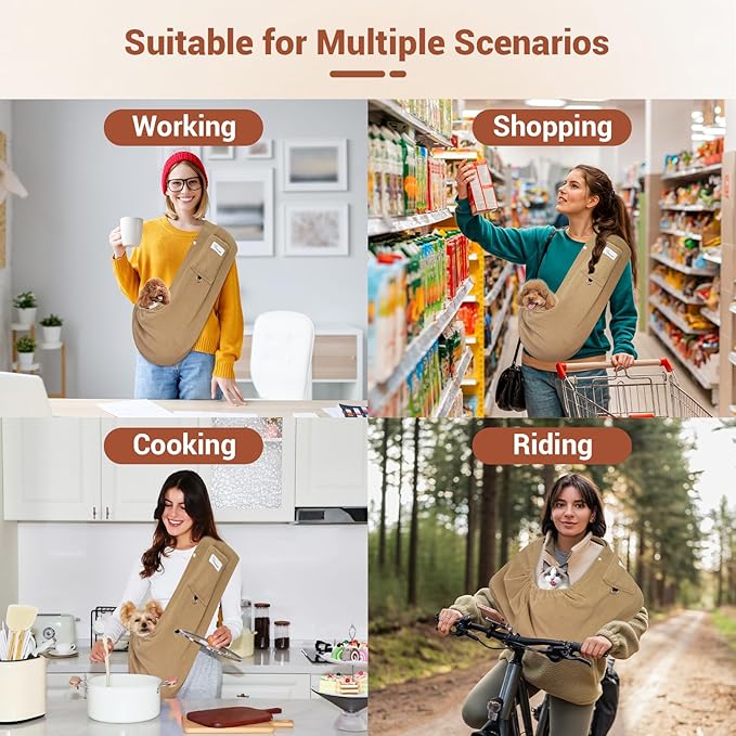 Dog Carrier Sling,Indoor Comfort Adjustable Cat Sling Carrier,With Front Pocket and Seat Belt Dog Carriers for Small Dogs Machine Washable,Suitable for Family Outdoor Use (Large, Khaki)