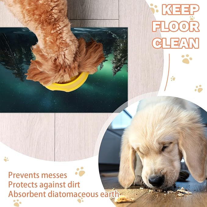 Northern Light Dog Food Mat for Floors Absorbent, Quick Dry Water Dispenser Mat for Food, Water, Pet Supplies 24" x 32", Aurora Forests